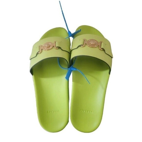 NEW Versace Gold MEDUSA HEAD Men Rubber Pool Slides Citron Green Size 10 main image 5